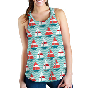 Red White sailboat wave background Women Racerback Tank Top