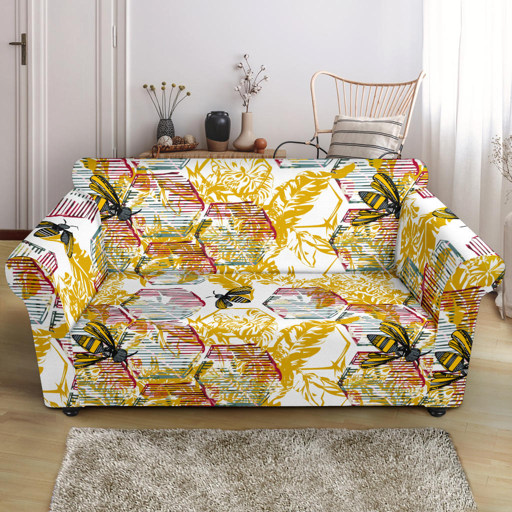 Cool Bee Honeycomb Leaves Pattern Loveseat Couch Slipcover