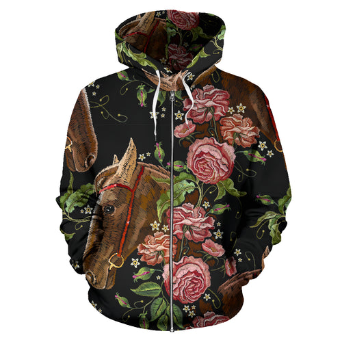 Horse Head Wild Roses Pattern Zip Up Hoodie