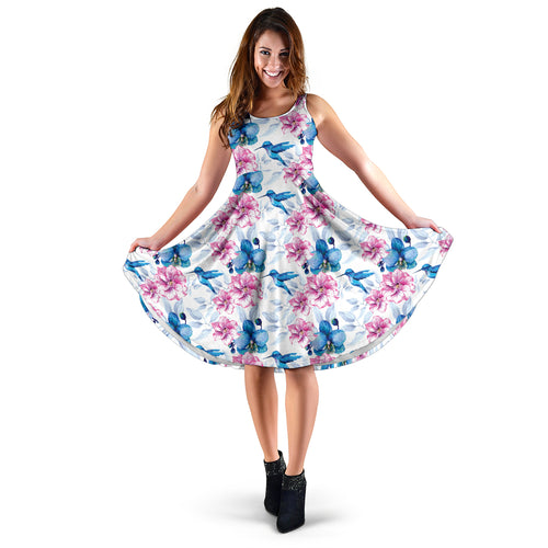 Hummingbird Pattern Print Design 02 Sleeveless Midi Dress