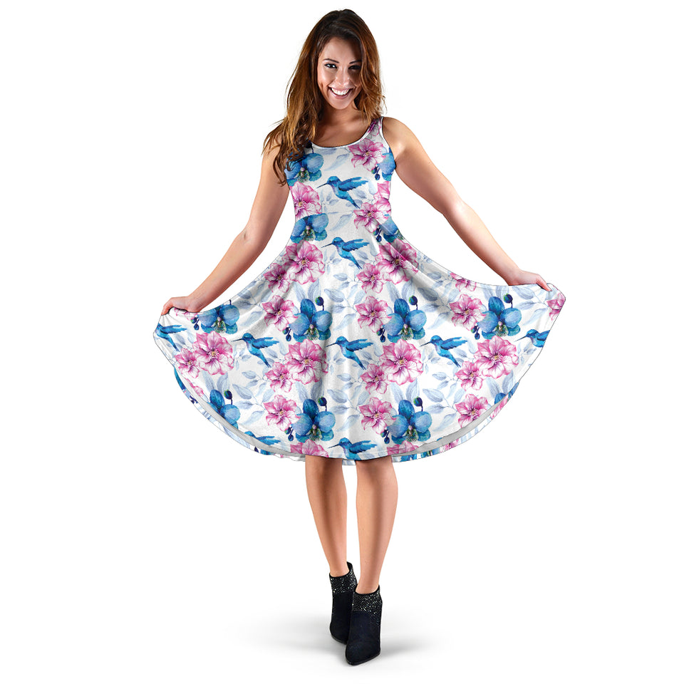 Hummingbird Pattern Print Design 02 Sleeveless Midi Dress