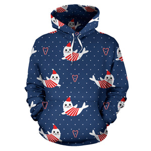 Cute Sea Lion Seal Christmas Hat Candy Cane Heart Pattern Men Women Pullover Hoodie