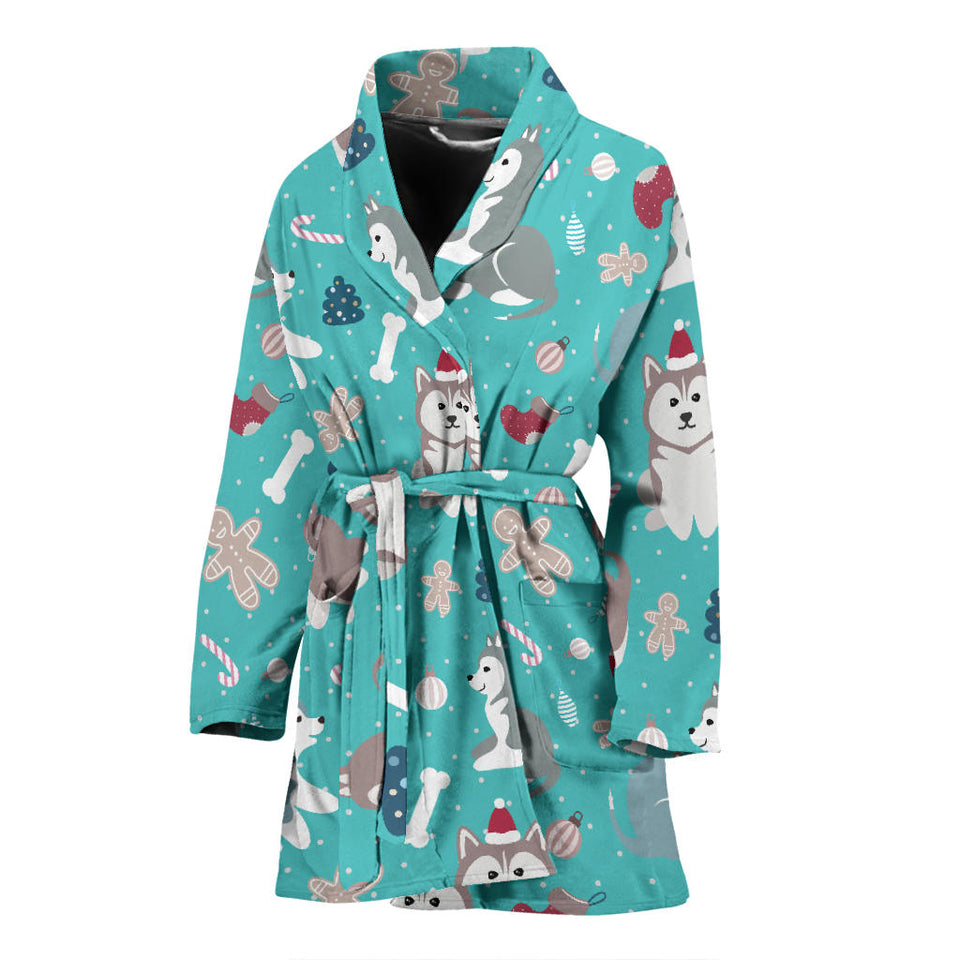 Christmas Cute Siberian Husky Puppie Pattern Women'S Bathrobe
