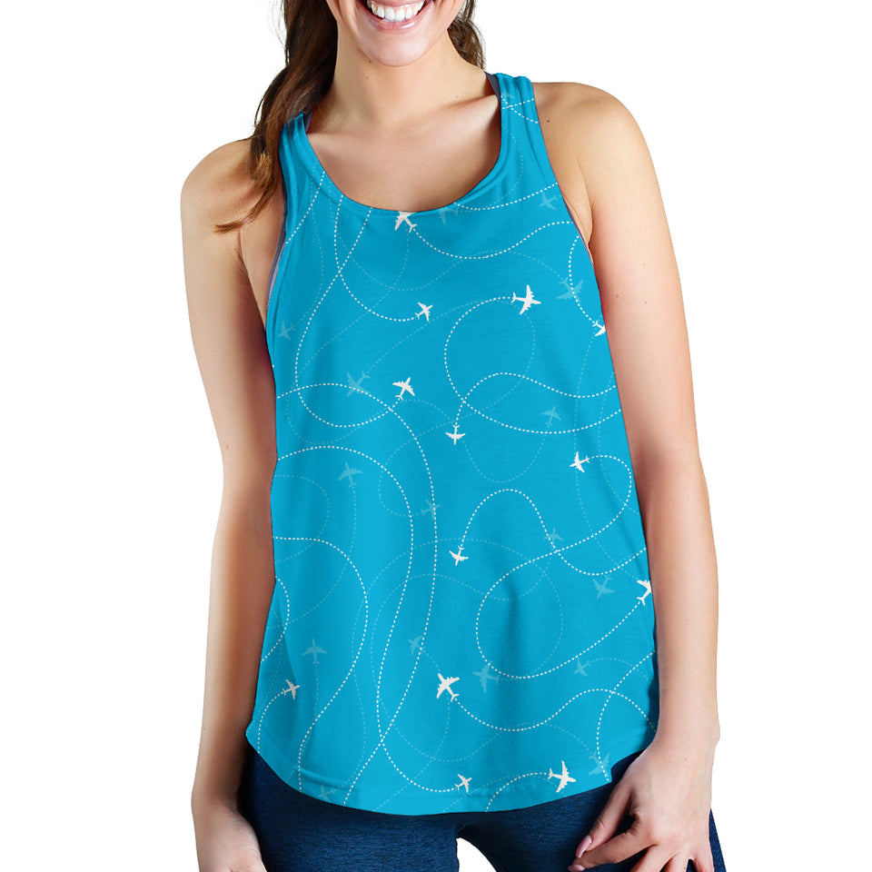 Airplane destinations blue background Women Racerback Tank Top
