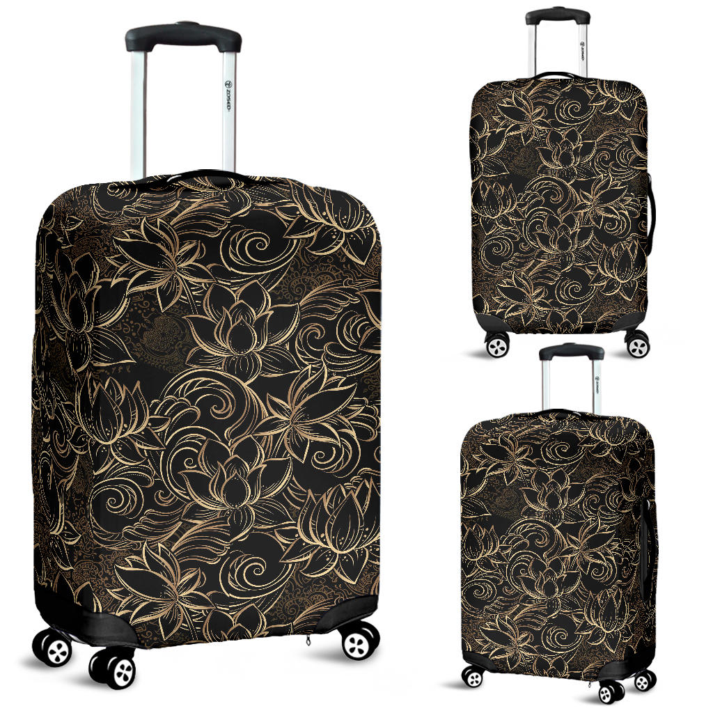 Luxurious Gold Lotus Waterlily Black Background Luggage Covers