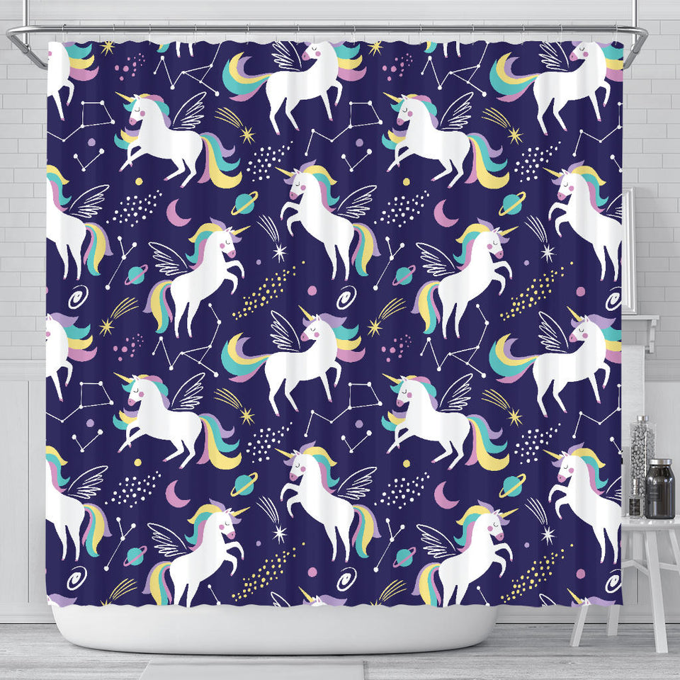 Hand Drawn Cute Unicorn Star Planet Shower Curtain Fulfilled In US