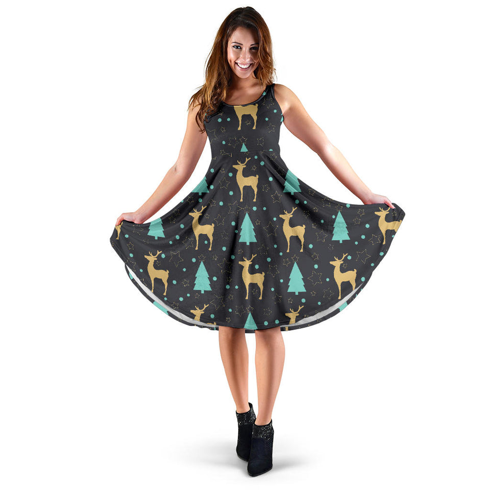 Deers Star Tree Pattern Sleeveless Midi Dress