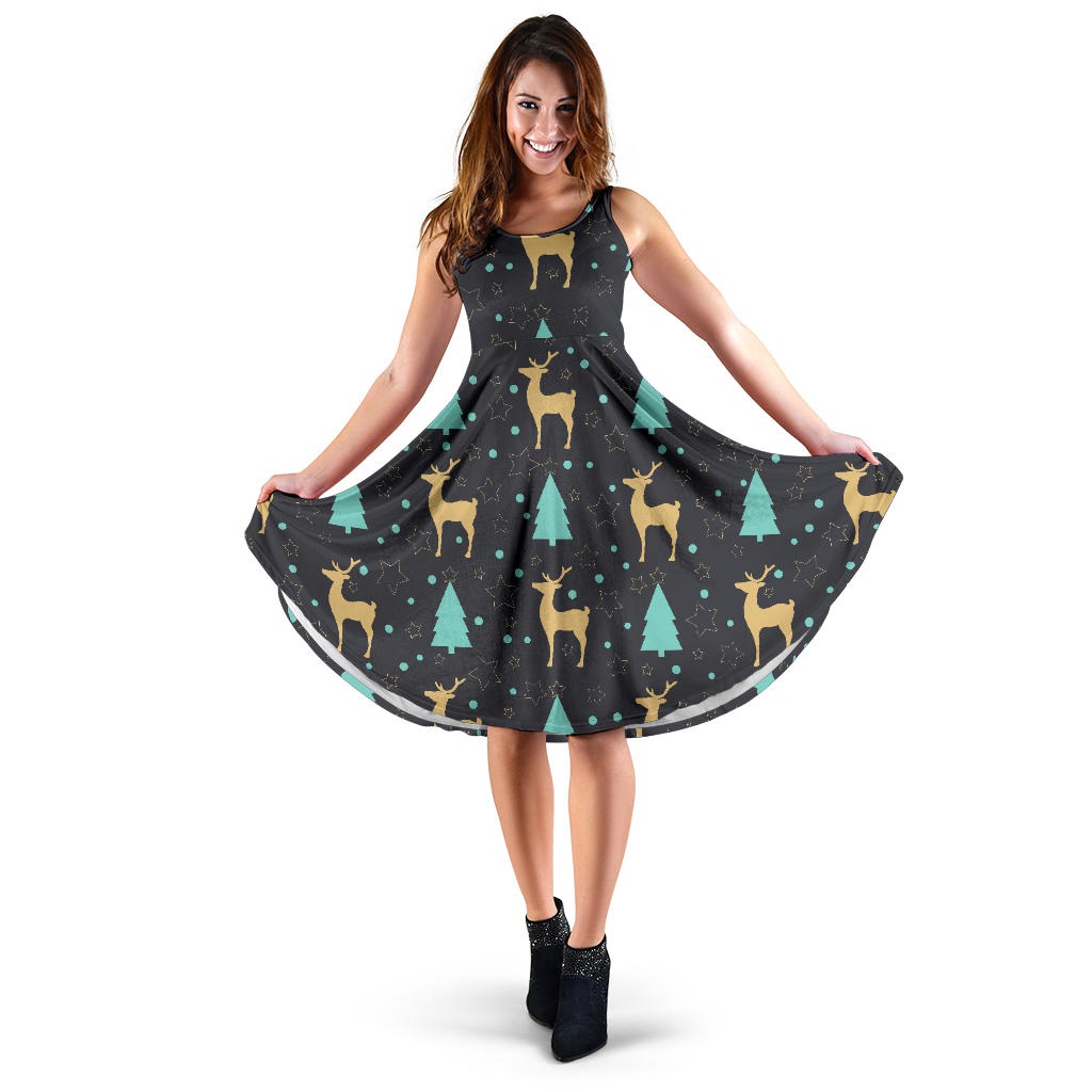 Deers Star Tree Pattern Sleeveless Midi Dress
