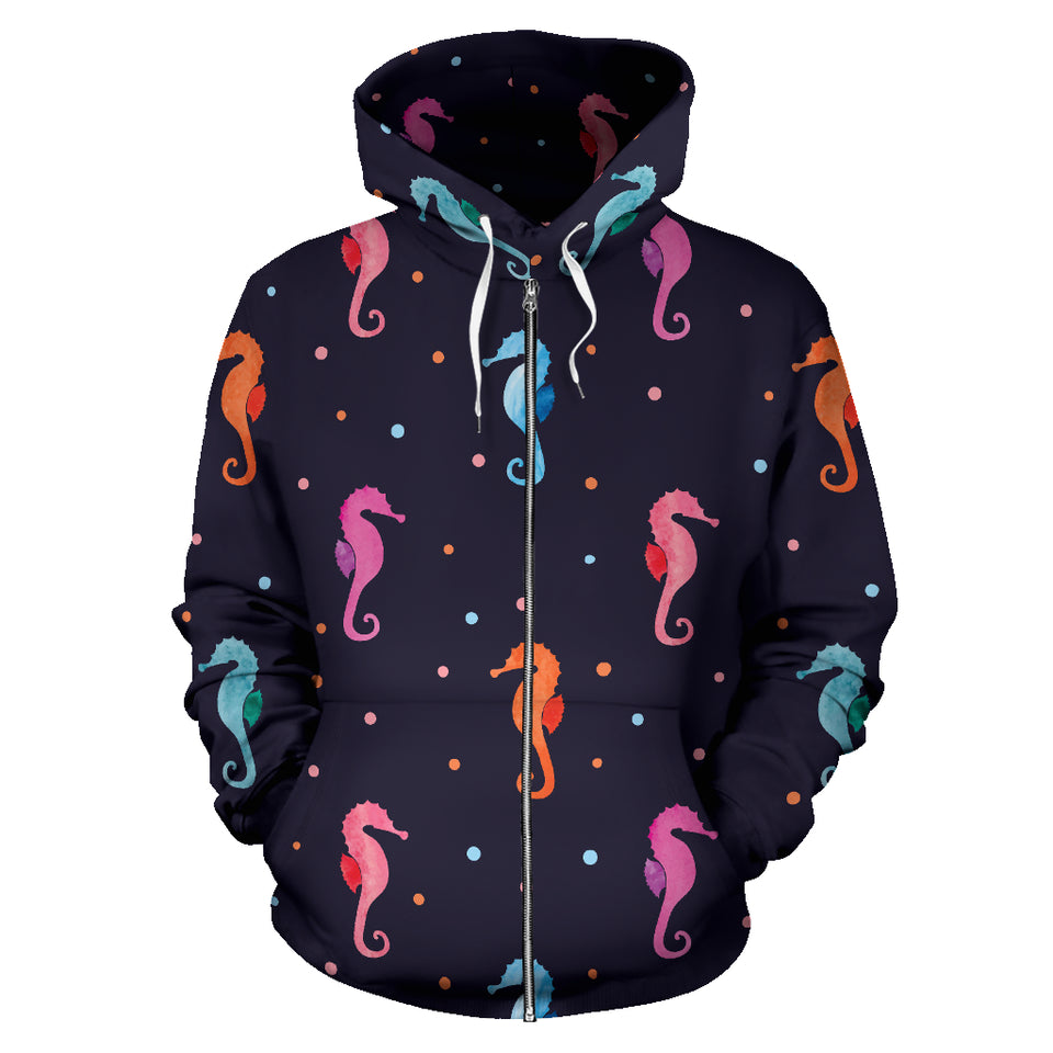 Watercolor Colorful Seahorse Pattern Zip Up Hoodie