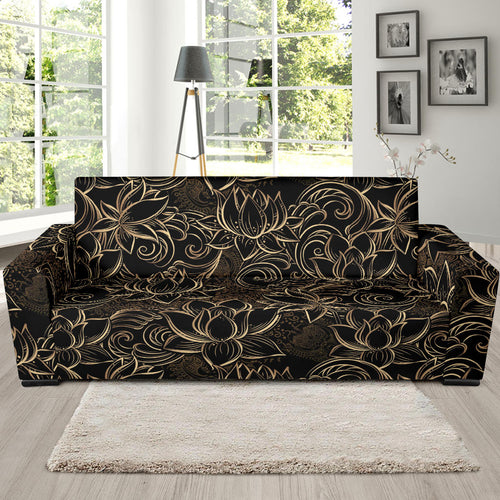 Luxurious Gold Lotus Waterlily Black Background Sofa Slipcover