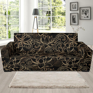 Luxurious Gold Lotus Waterlily Black Background Sofa Slipcover