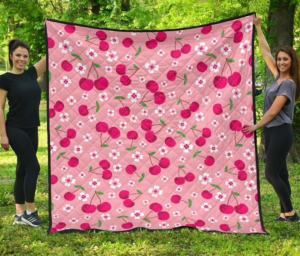 Cherry Flower Pattern Pink Background Premium Quilt