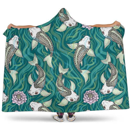 Koi Fish Carp Fish Lotus Pattern Hooded Blanket