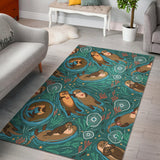Cute Brown Sea Otters Ornamental Seaweed Corals Green Water Area Rug