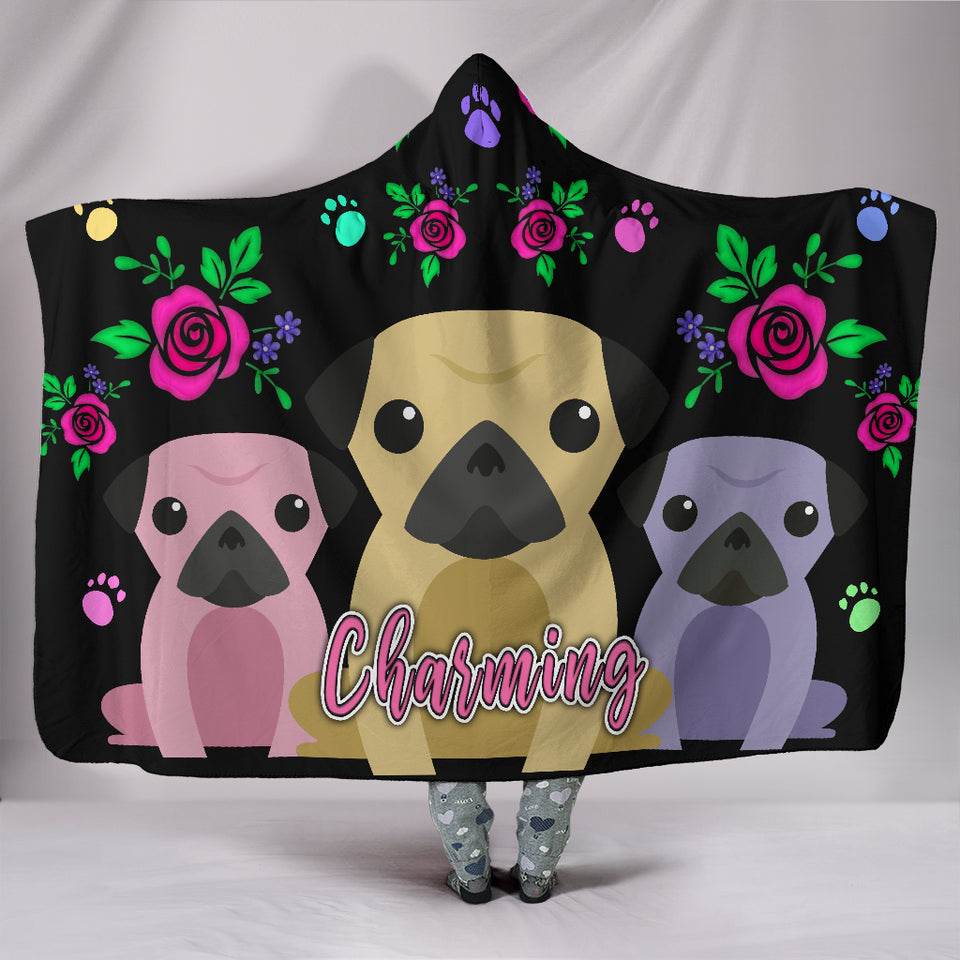 Charming Pugs Hooded Blanket With Cute Pug Dogs