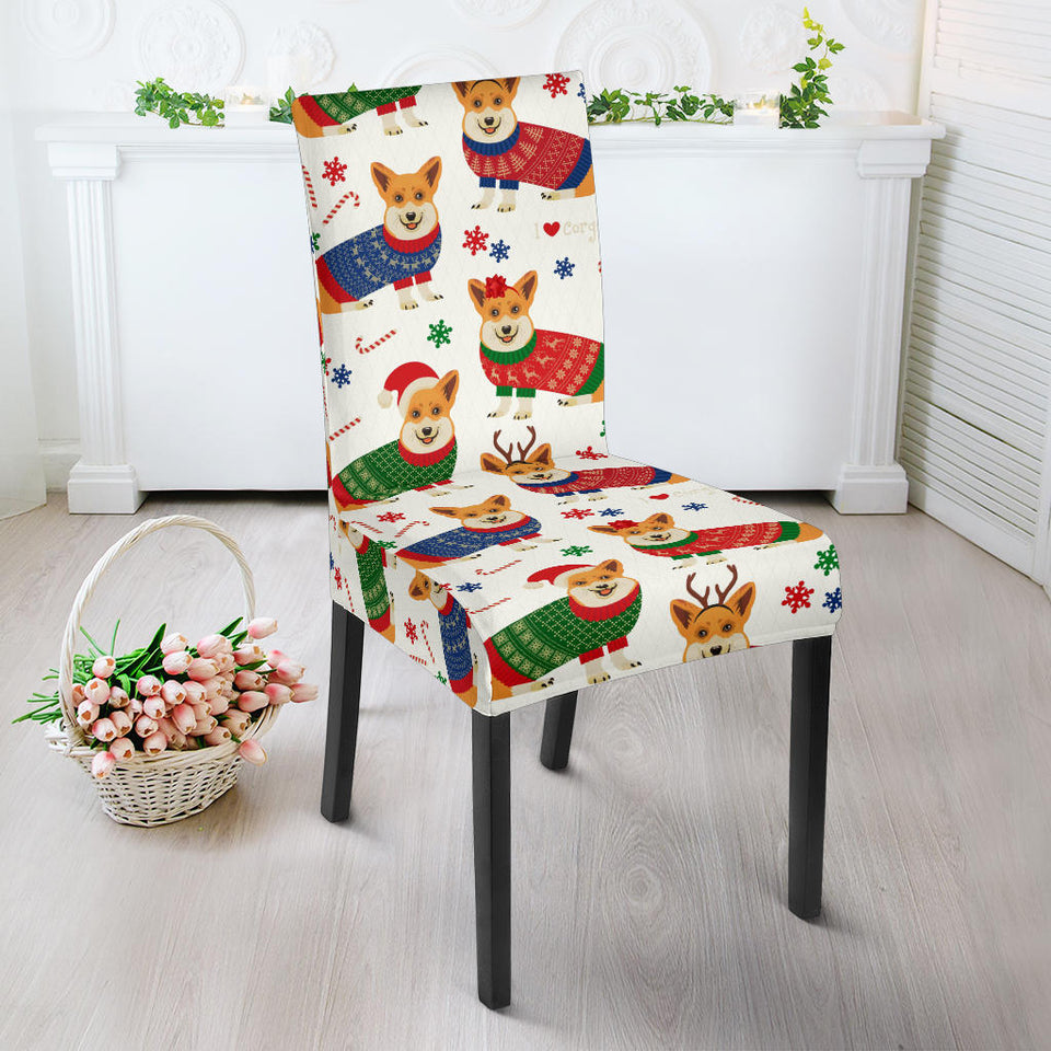 Corgi Christmas Pattern Dining Chair Slipcover