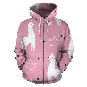 Llama Alpaca Pink Background Zip Up Hoodie