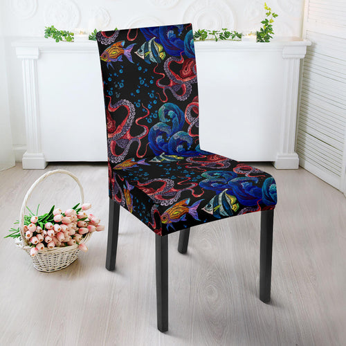Octopus Sea Wave Tropical Fishe Pattern Dining Chair Slipcover