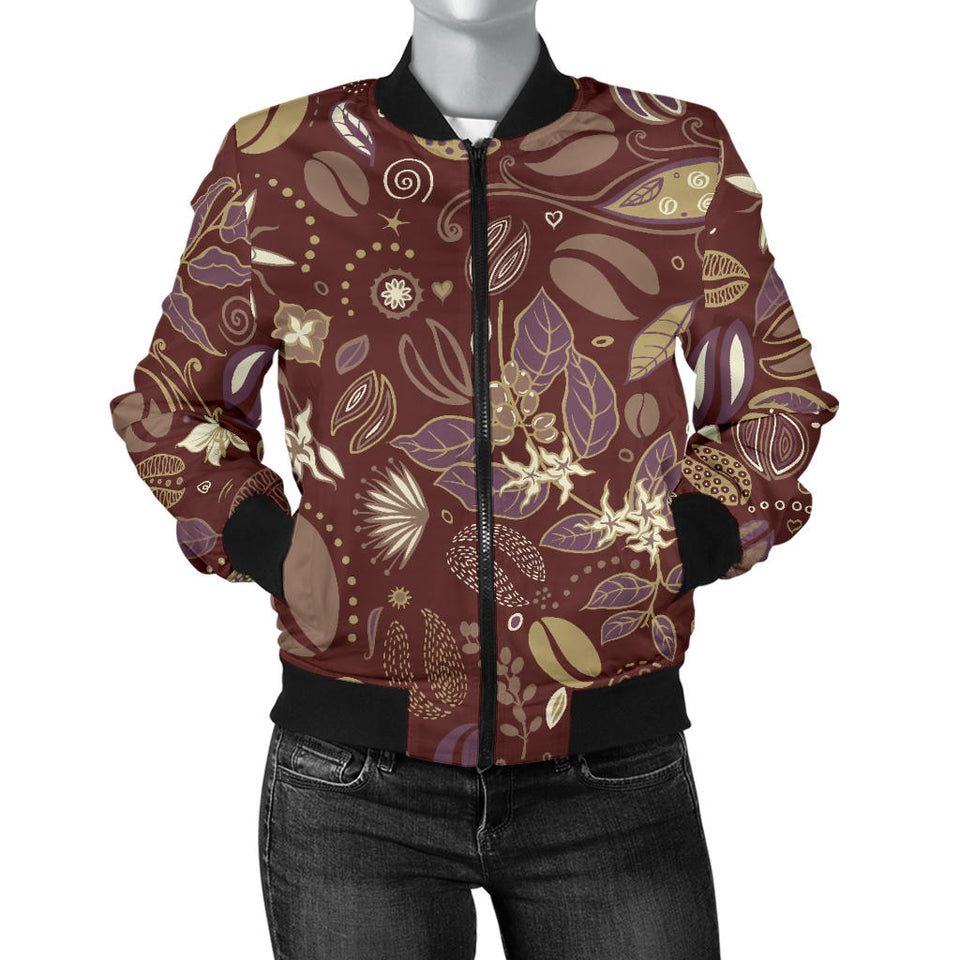 Coffee Bean Flower Pattern Women'S Bomber Jacket