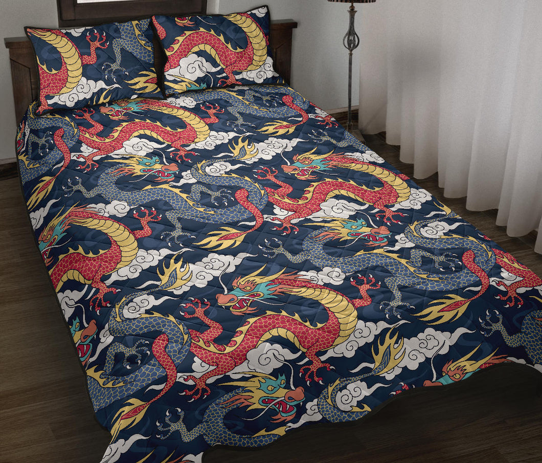 Blue red dragon cloud pattern Quilt Bed Set