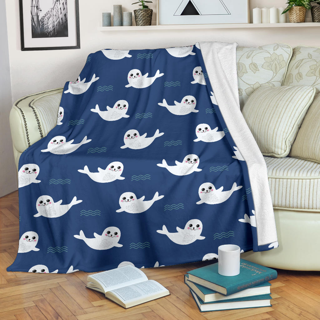 Cute White Baby Sea Lion Seal Pattern Premium Blanket