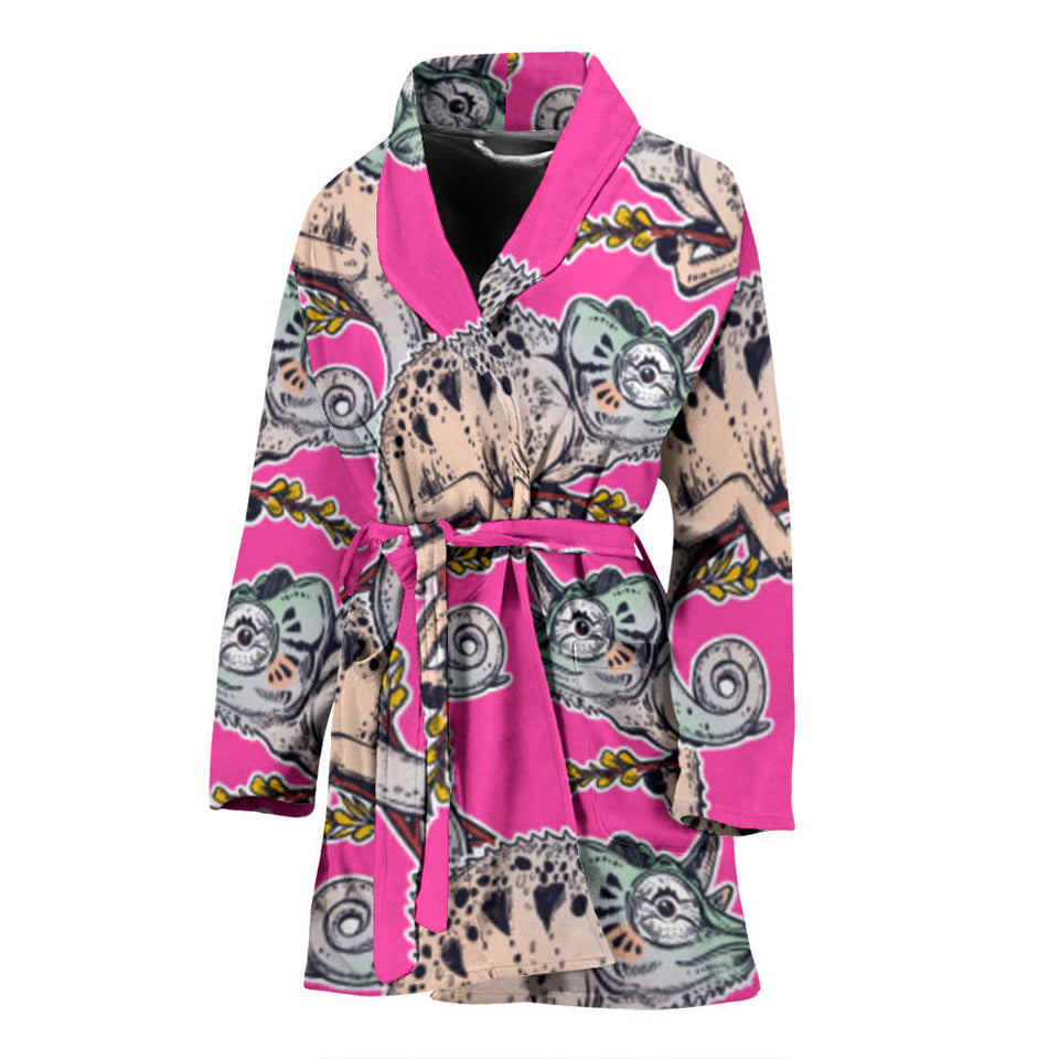 Chameleon Lizard Pattern Pink Background Women'S Bathrobe