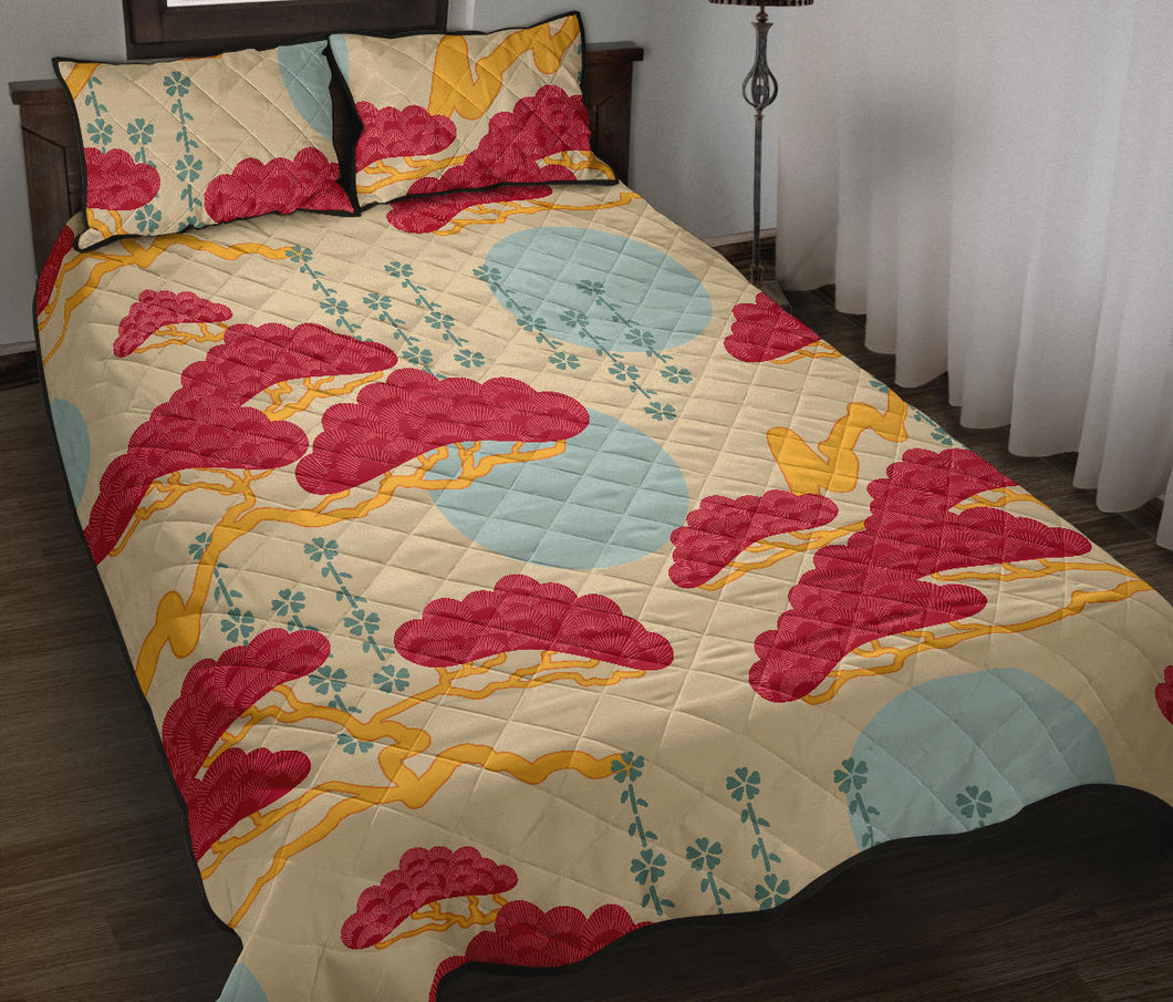 Red Bonsai gray sun japanese pattern Quilt Bed Set
