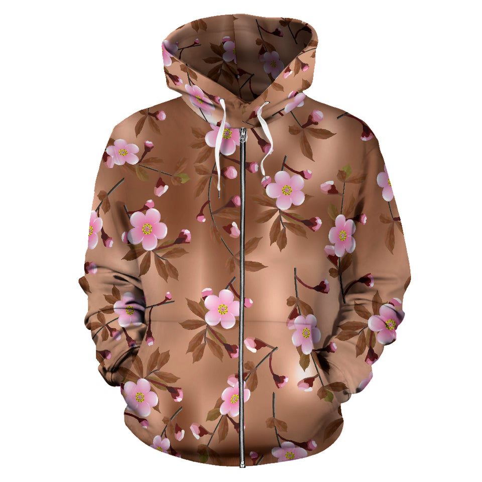 Pink Sakura Cherry Blossom Drak Brown Background Zip Up Hoodie