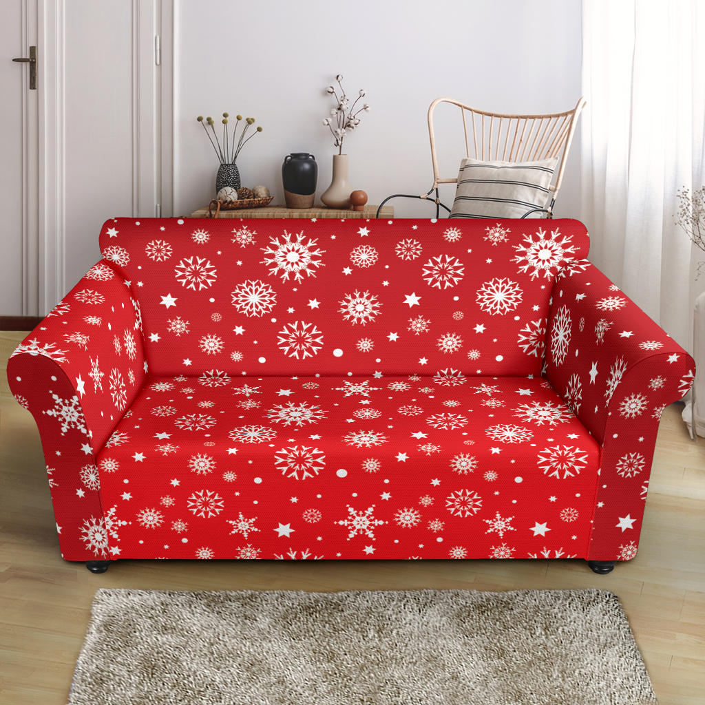 Snowflake Pattern Red Background Loveseat Couch Slipcover