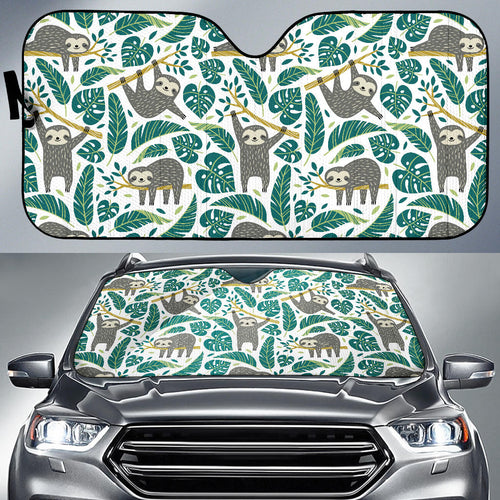 Cute Sloths Tropical Palm Leaves White Background Car Sun Shade
