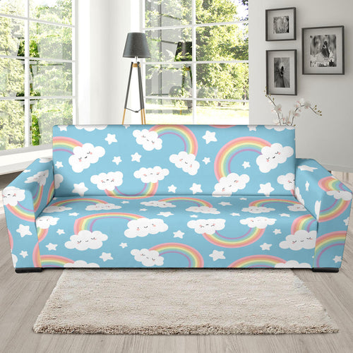 Cute Rainbow Clound Star Pattern Blue Background Sofa Slipcover