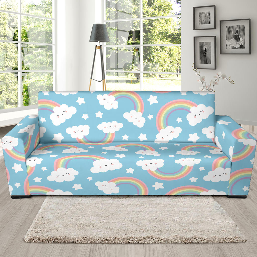 Cute Rainbow Clound Star Pattern Blue Background Sofa Slipcover