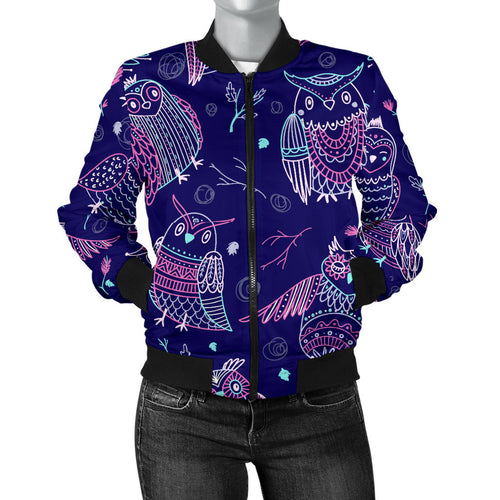 Cute Owls Pattern Boho Style Ornawomen'St Women'S Bomber Jacket