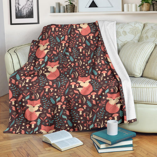 Fox Leaves Mushroom Pattern Premium Blanket