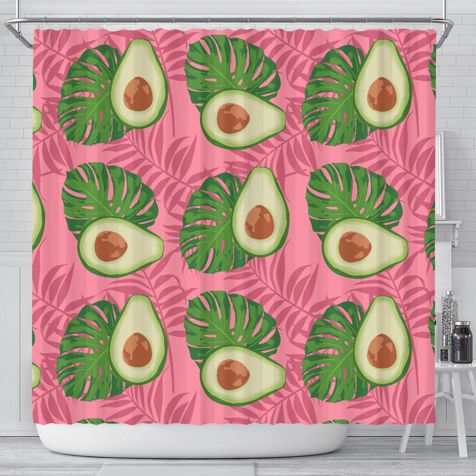 Avocado Slices Leaves Pink Back Ground Shower Curtain Fulfilled In US