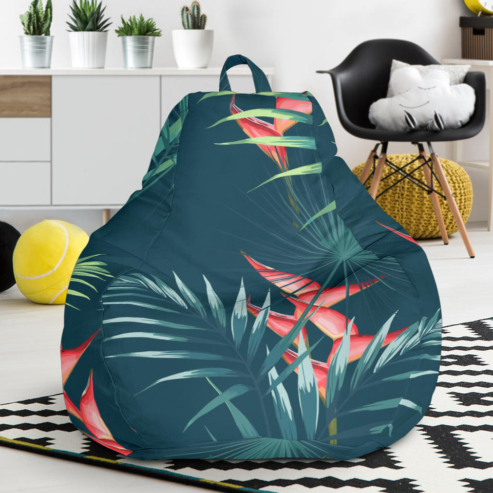 Heliconia Flowers, Palm And Monstera Leaves On Black Background Pattern Bean Bag Cover