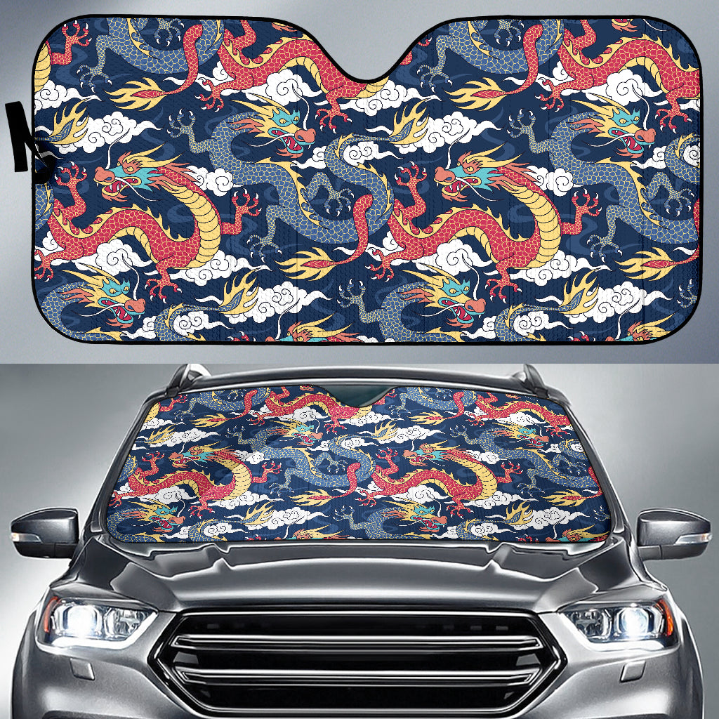 Blue Red Dragon Cloud Pattern Car Sun Shade