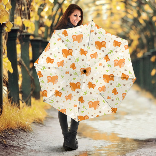 Cute Brown Pomeranian Paw Leave Bone Pattern Umbrella