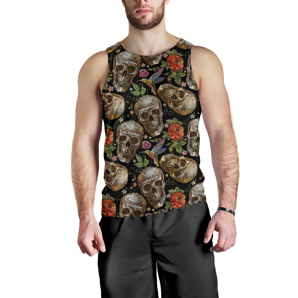 Skull rose humming bird flower pattern Men Tank Top