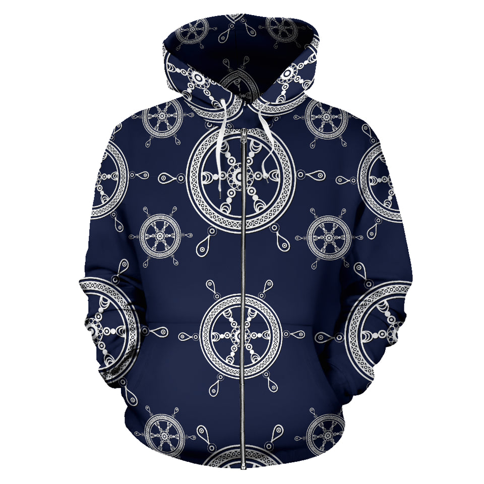 Nautical Steering Wheel Design Pattern Zip Up Hoodie