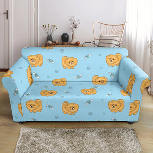 Brown Cute Pomeranian Blue Blackground Loveseat Couch Slipcover