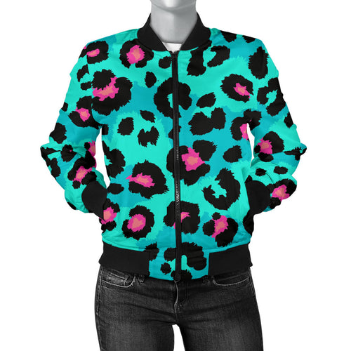 Green Leopard Skin Print Pattern Women'S Bomber Jacket