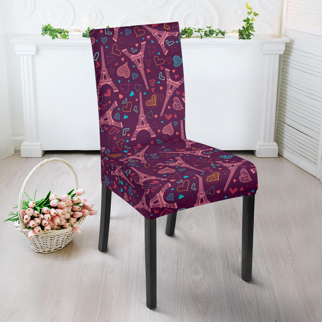 Eiffel Tower Heart Pattern Print Design 04 Dining Chair Slipcover