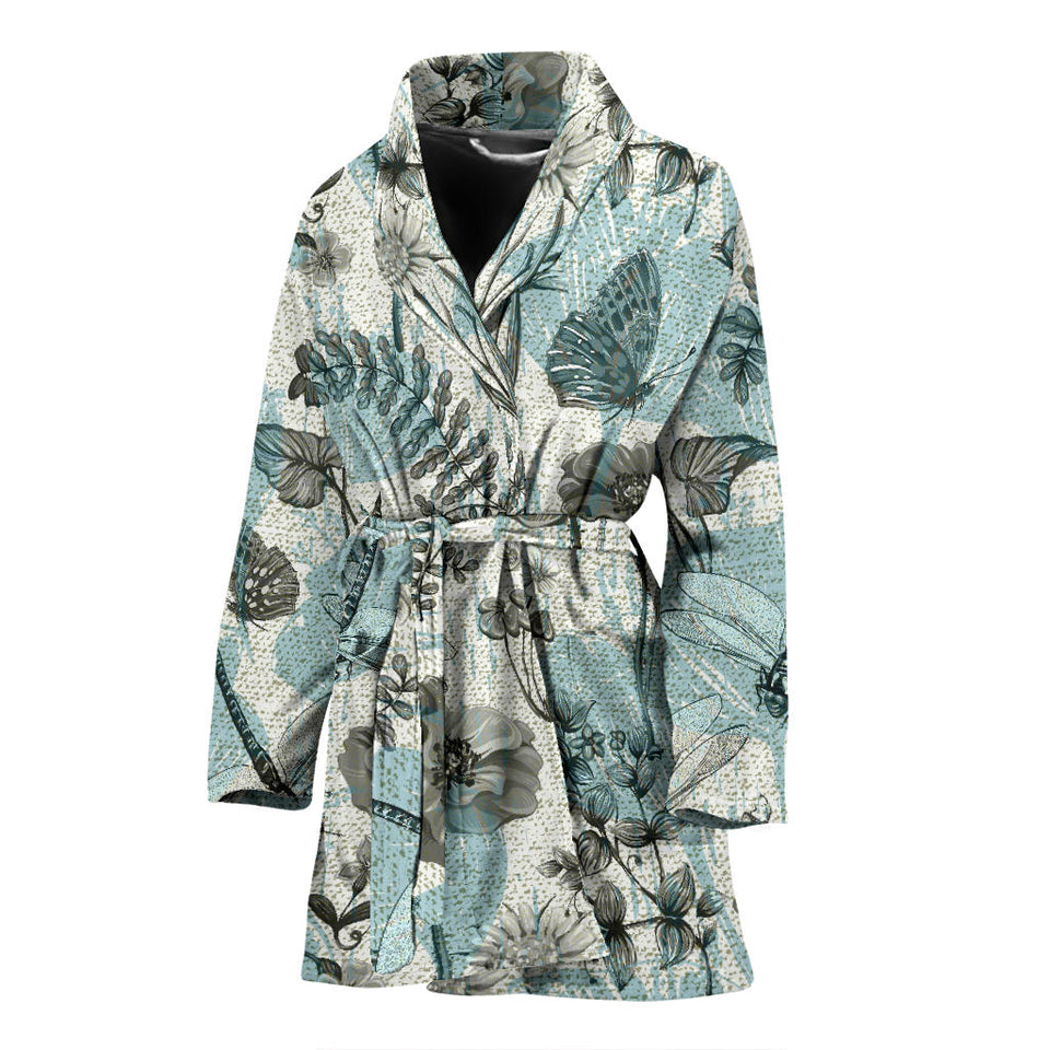 Dragonfly Butterfly Plants Insect Flower Vintage Style Pattern Women'S Bathrobe