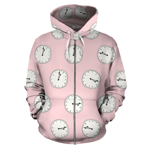 Clock Pattern Pink Blackground Zip Up Hoodie