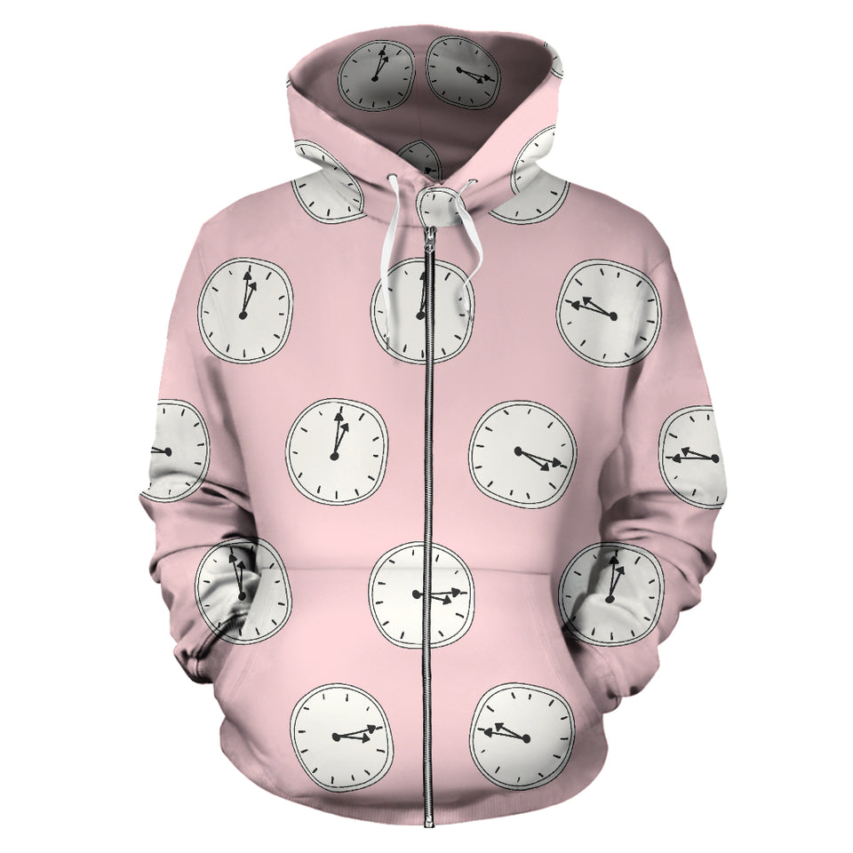 Clock Pattern Pink Blackground Zip Up Hoodie