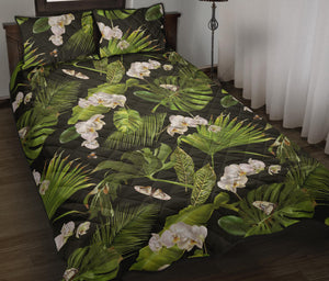 White orchid flower tropical leaves pattern blackground Quilt Bed Set