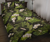 White orchid flower tropical leaves pattern blackground Quilt Bed Set