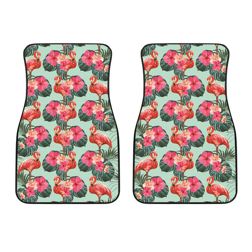 Beautiful Flamingo Tropical Palm Leaves Hibiscus Pateern Background Front Car Mats