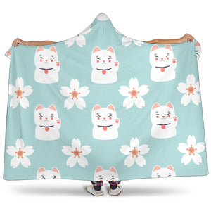 Maneki Neko Lucky Cat Sakura Hooded Blanket